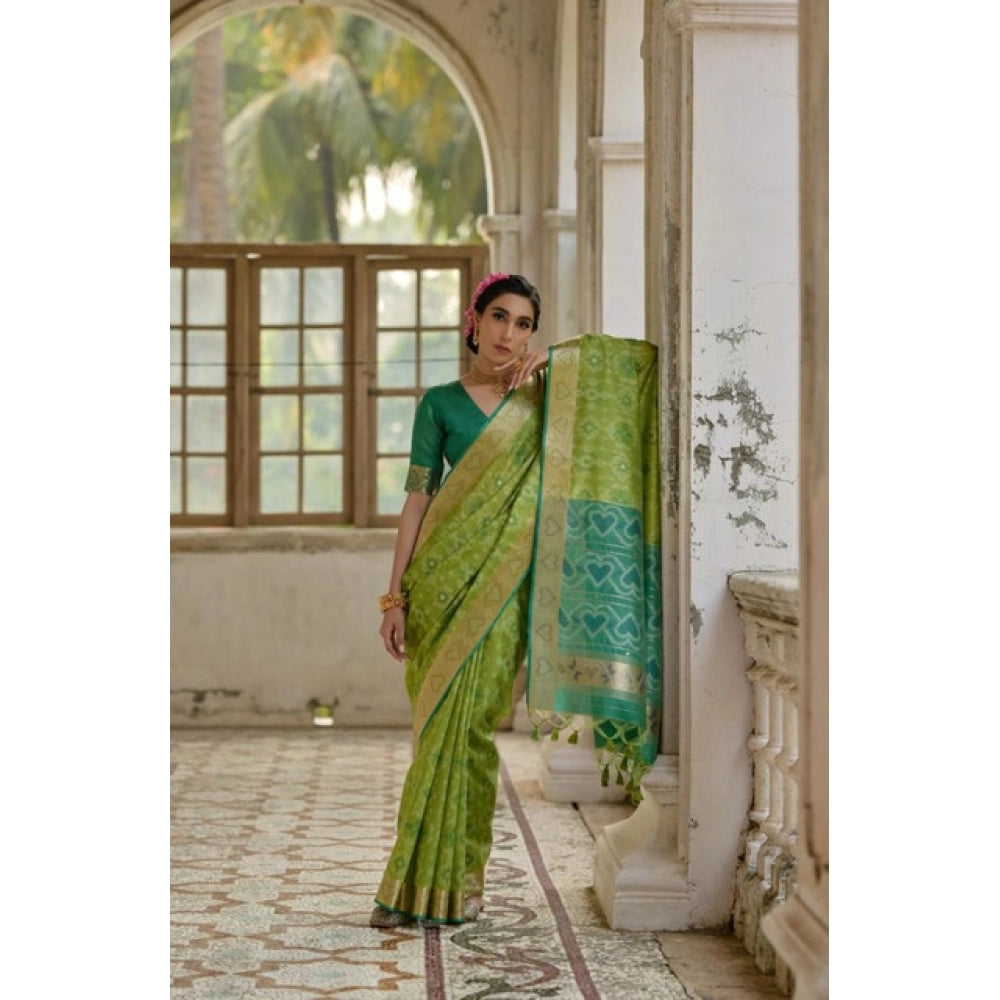 Generic Women's Silk_Blend Ethnic Ikat Pattern Saree With Unstitched Blouse 5.5Mtr (Light_Green)