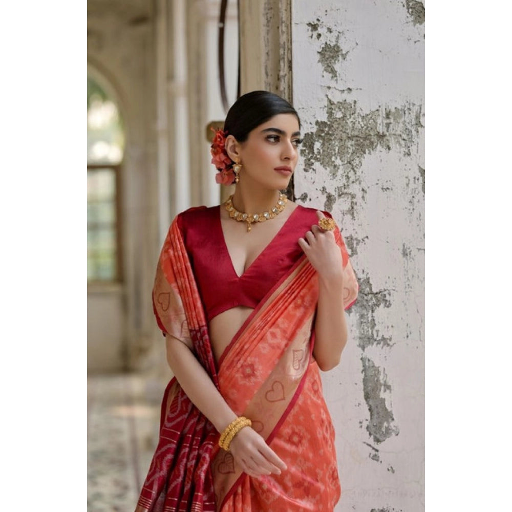 Generic Women's Silk_Blend Ethnic Ikat Pattern Saree With Unstitched Blouse 5.5Mtr (Orange)