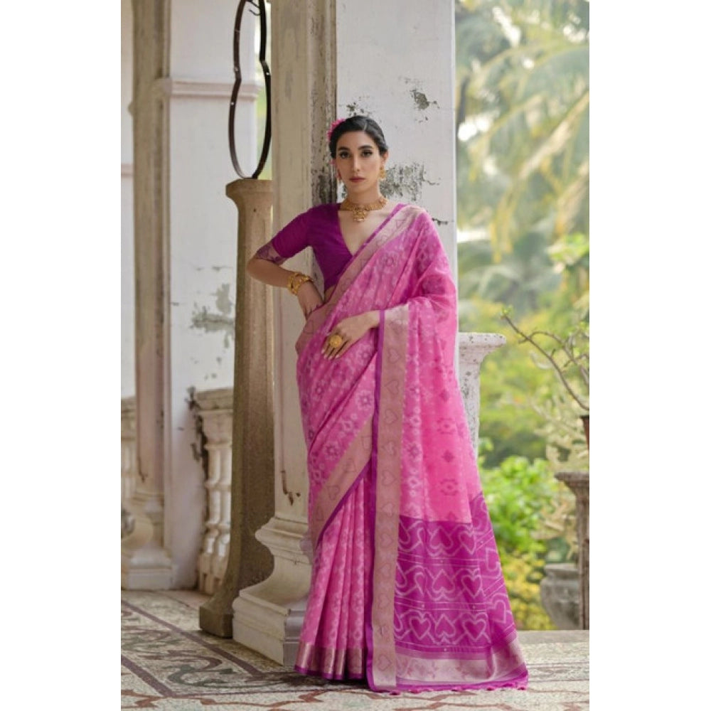Generic Women's Silk_Blend Ethnic Ikat Pattern Saree With Unstitched Blouse 5.5Mtr (Pink)