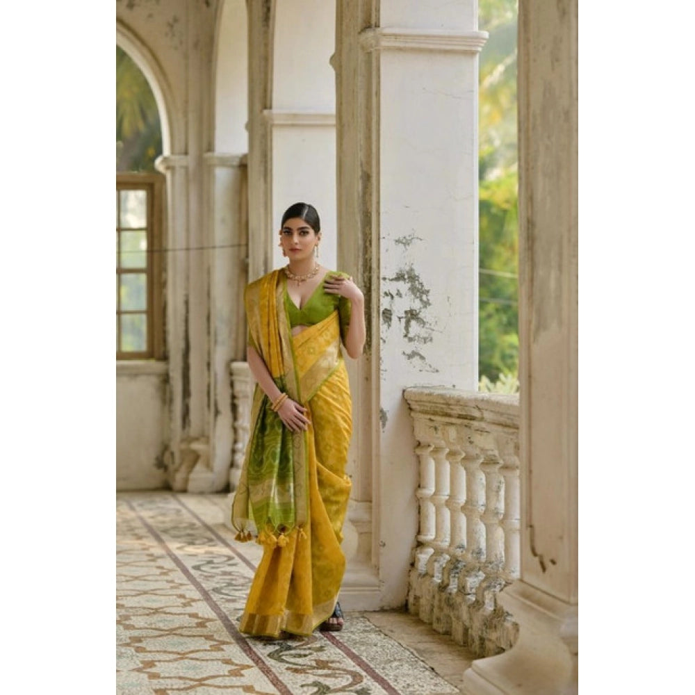 Generic Women's Silk_Blend Ethnic Ikat Pattern Saree With Unstitched Blouse 5.5Mtr (Yellow)