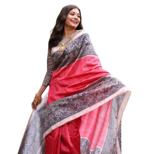 Generic Women's Faux_Tussar Ethnic_Print Saree With Unstitched Blouse 5.5Mtr (Red)