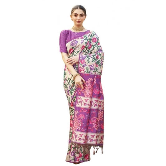 Generic Women's Faux_Tussar Kalamkari_Print Saree With Unstitched Blouse 5.5Mtr (Purple)