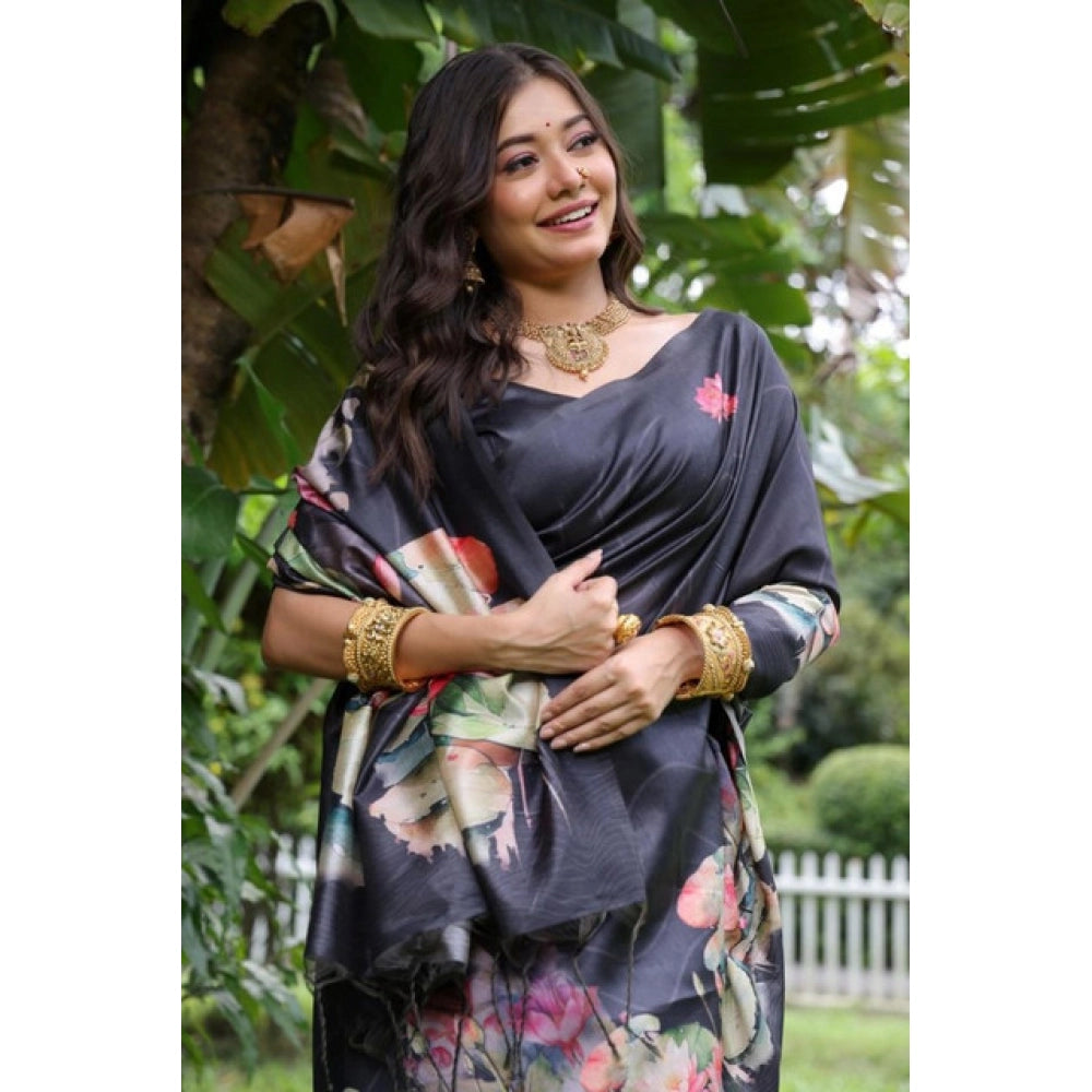 Generic Women's Faux_Tussar Floral Saree With Unstitched Blouse 5.5Mtr (Black)