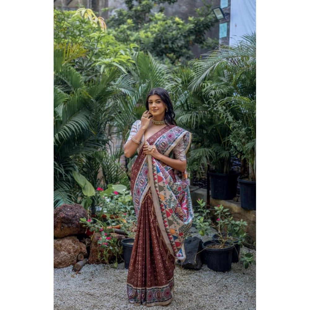 Generic Women's Faux_Tussar Geometric_Print Saree With Unstitched Blouse 5.5Mtr (Coffee)