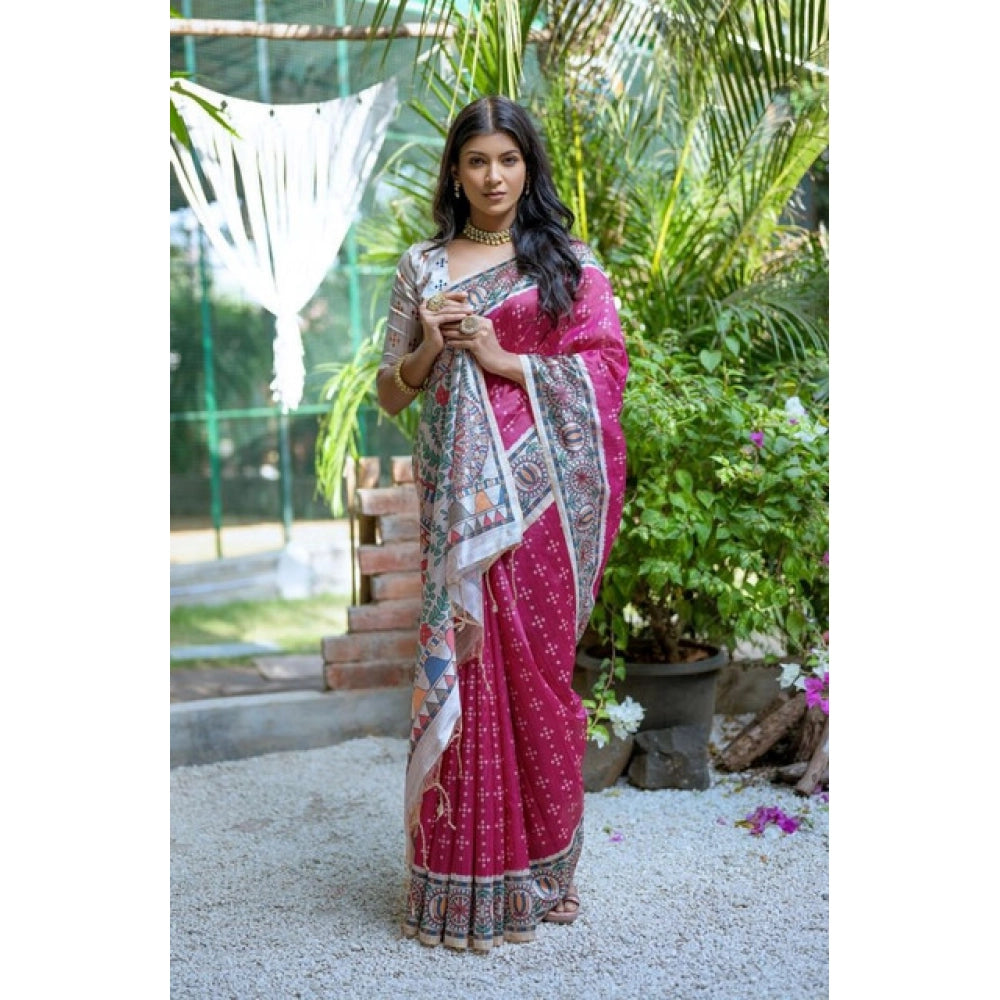 Generic Women's Faux_Tussar Geometric_Print Saree With Unstitched Blouse 5.5Mtr (Pink)