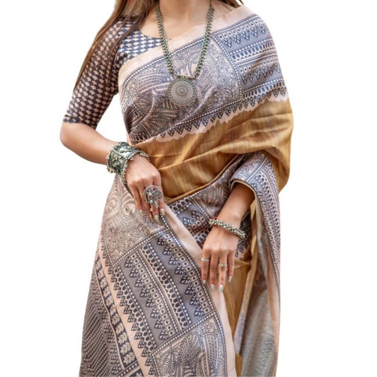 Generic Women's Faux_Tussar Geometric_Print Saree With Unstitched Blouse 5.5Mtr (Mustard)