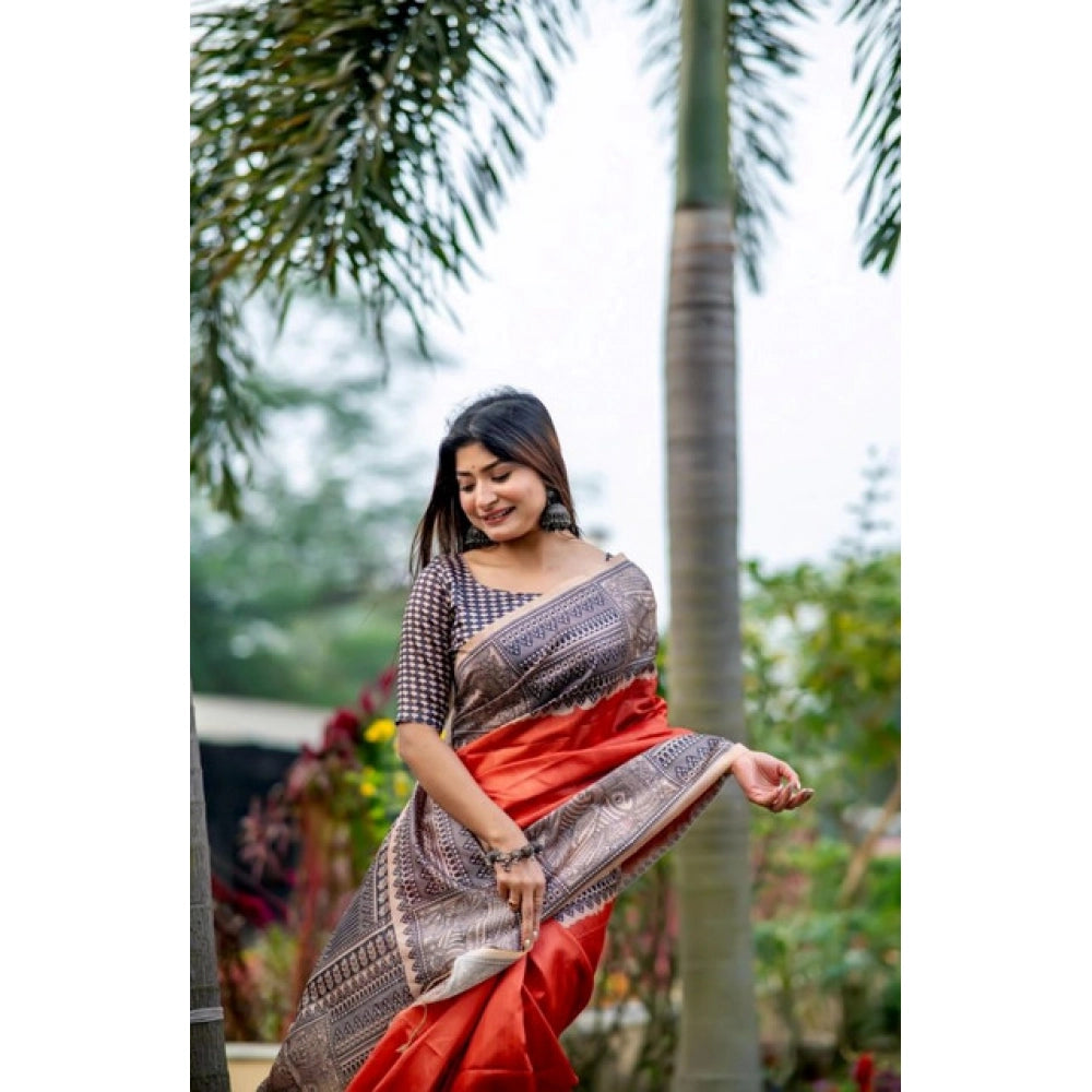 Generic Women's Faux_Tussar Geometric_Print Saree With Unstitched Blouse 5.5Mtr (Orange)