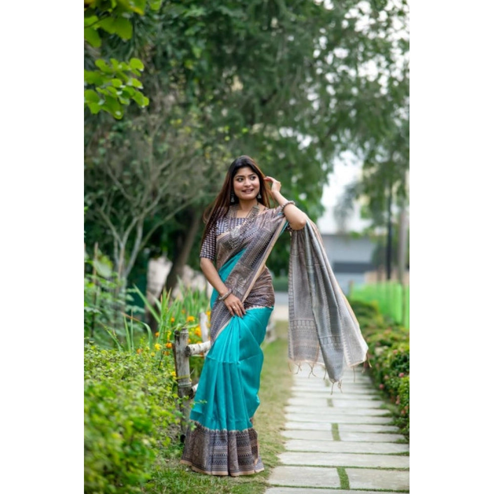 Generic Women's Faux_Tussar Geometric_Print Saree With Unstitched Blouse 5.5Mtr (Rama_Green)