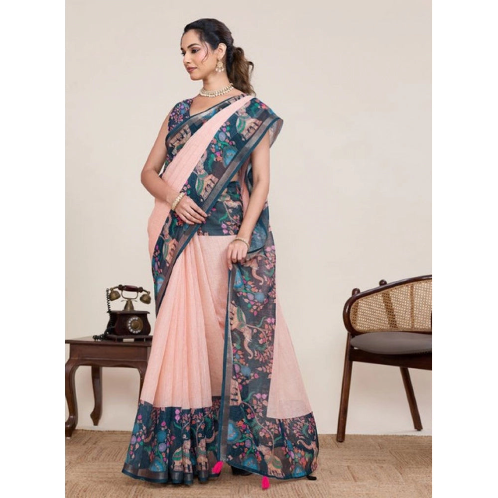 Generic Women's Linen Floral Printed Saree With Unstitched Blouse 5.5Mtr (Peach Pink)