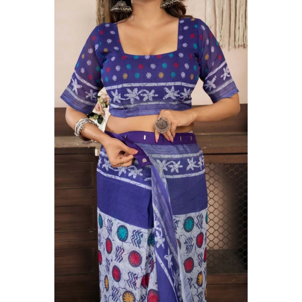 Generic Women's Faux Linen Geometric Print Ready to wear Saree With Unstitched Blouse 5.5Mtr (Blue)