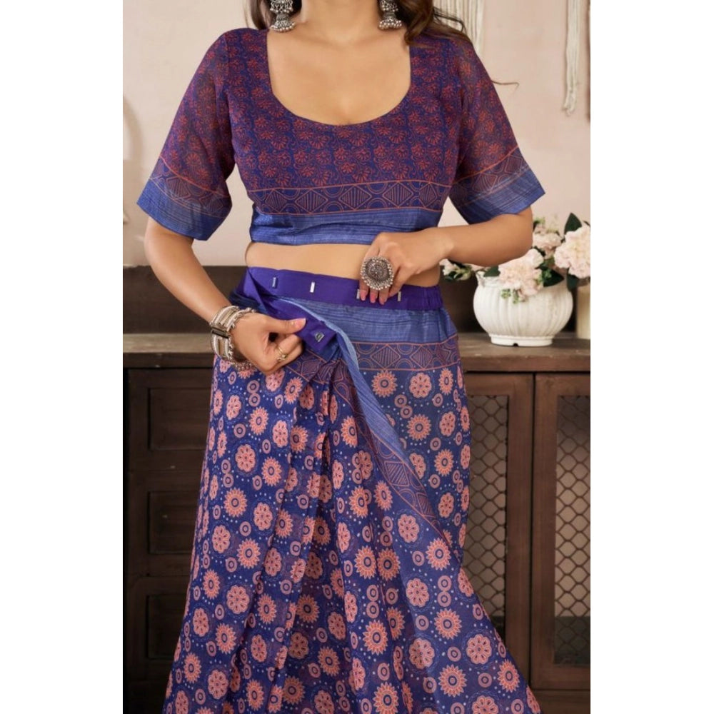 Generic Women's Faux Linen Floral Print Ready to wear Saree With Unstitched Blouse 5.5Mtr (Dark_NavyBlue)