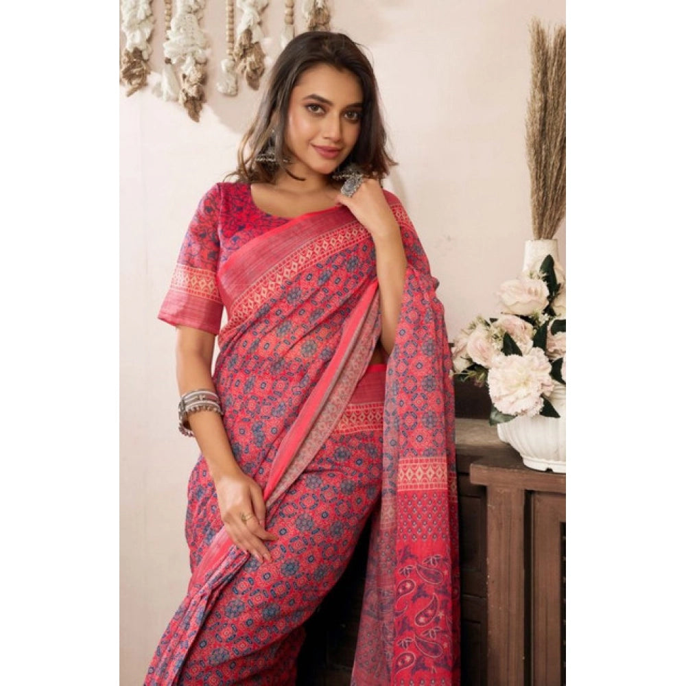 Generic Women's Faux Linen Geometric Print Ready to wear Saree With Unstitched Blouse 5.5Mtr (Red)