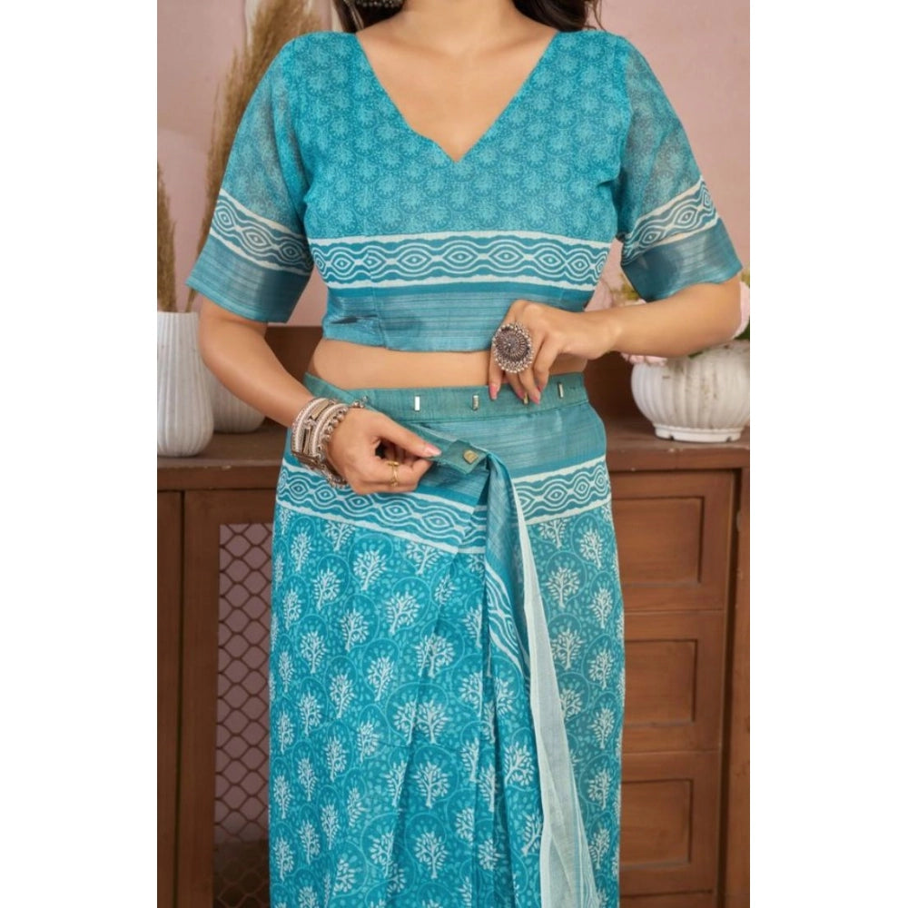 Generic Women's Faux Linen Floral Print Ready to wear Saree With Unstitched Blouse 5.5Mtr (AquaBlue)