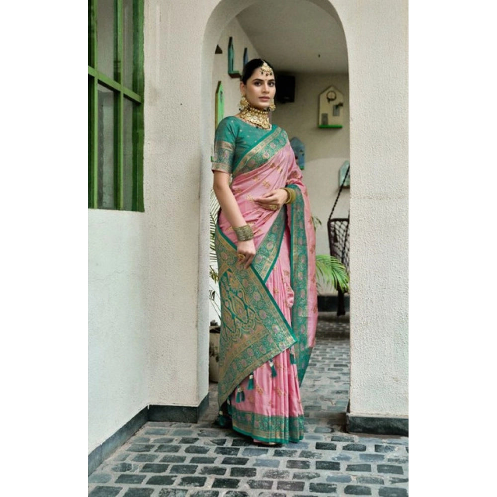 Generic Women's Silk Blend Booti Work Ready to wear Saree With Unstitched Blouse 5.5Mtr (Peach)