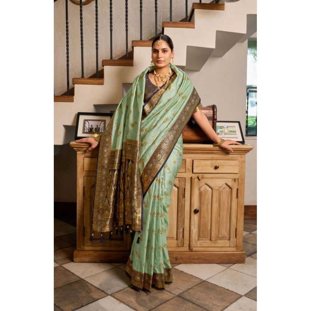 Generic Women's Silk Blend Booti Work Ready to wear Saree With Unstitched Blouse 5.5Mtr (SeaGreen)