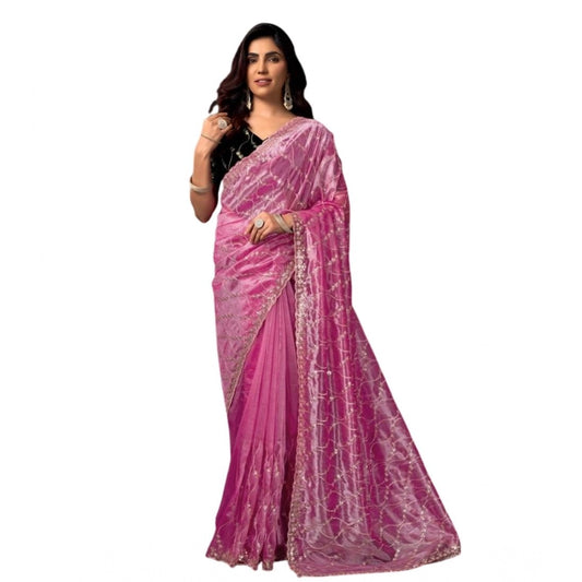 Generic Women's Net Sequence Saree With Unstitched Blouse 5.5Mtr (Light Pink)
