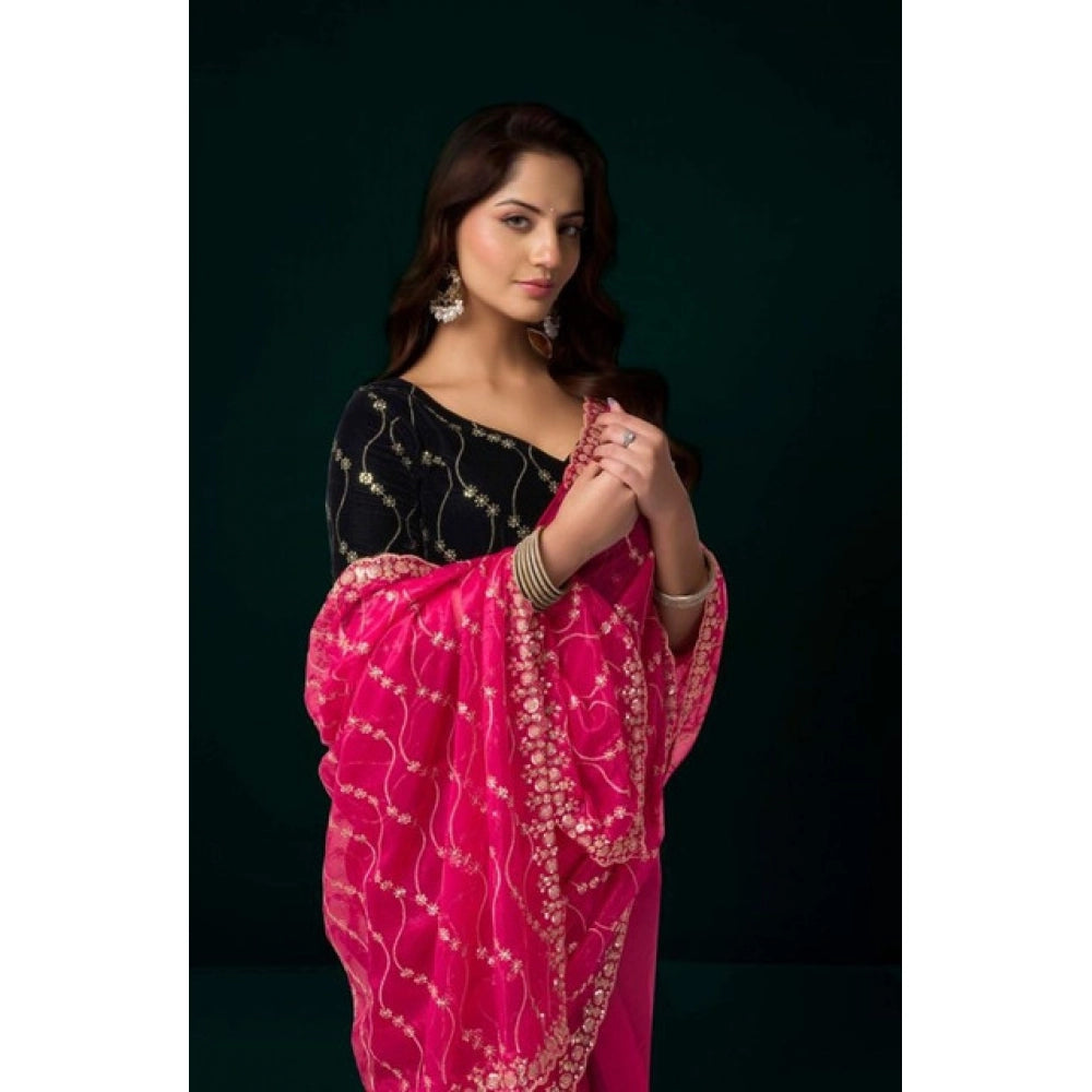 Generic Women's Net Sequence Saree With Unstitched Blouse 5.5Mtr (Pink)