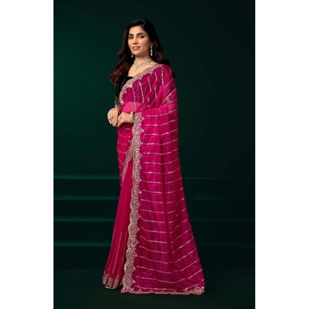 Generic Women's Net Sequence Saree With Unstitched Blouse 5.5Mtr (Pink)