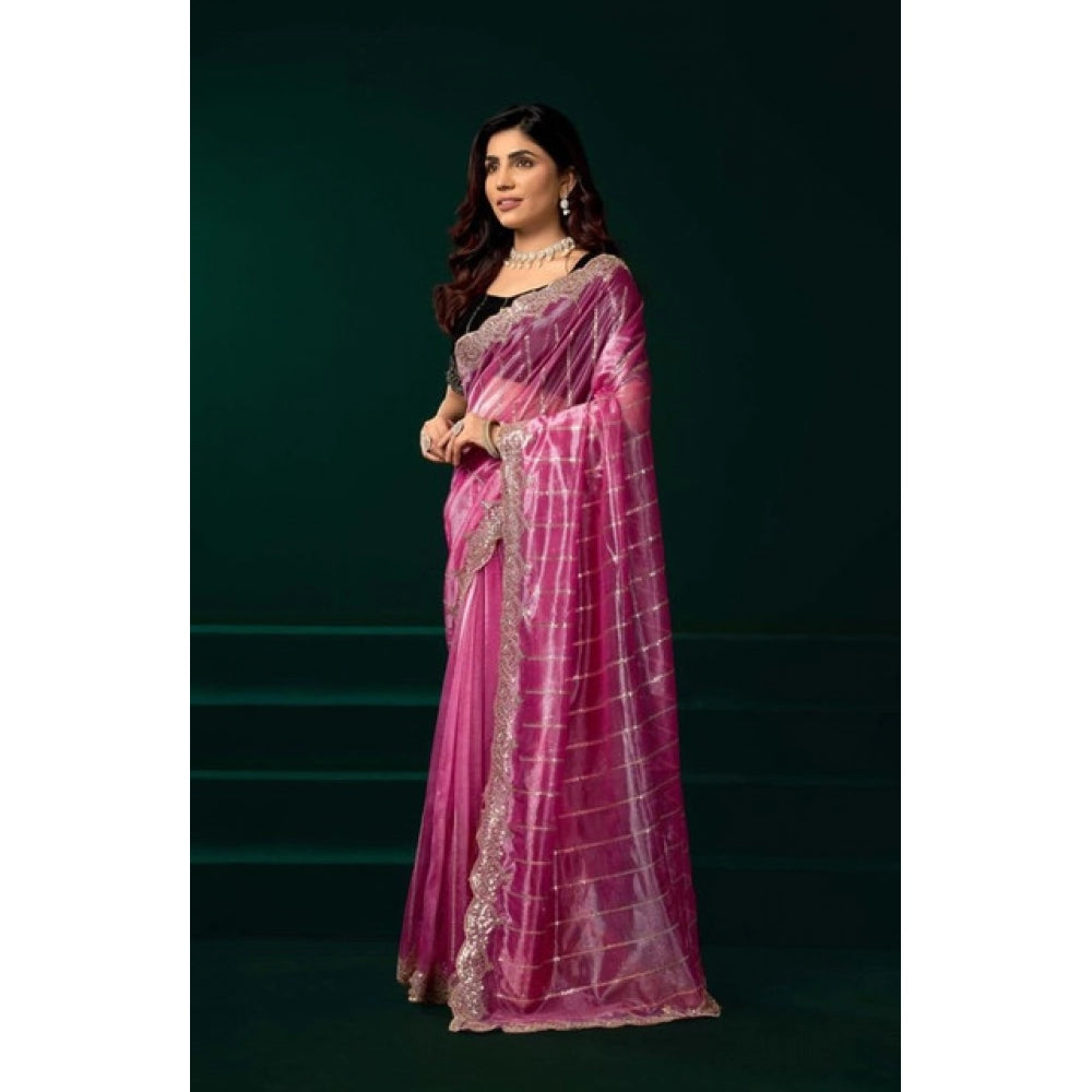 Generic Women's Net Sequence Saree With Unstitched Blouse 5.5Mtr (Pink)