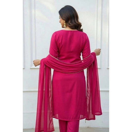 Generic Women's Georgette Ethnic Motif Round 3/4th Sleeve Kurti With Pant Dupatta Set (Pink)