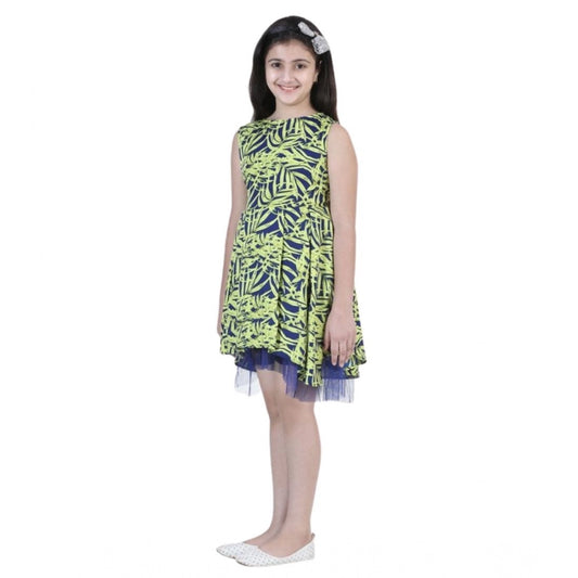 Generic Girl's Polyester Crepe & Net Printed Sleeveless Dress (Yellow-Blue)