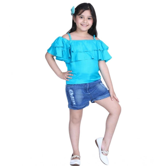 Graceful Girl's Rayon Solid Cold Shoulder Top with Shorts (Blue)