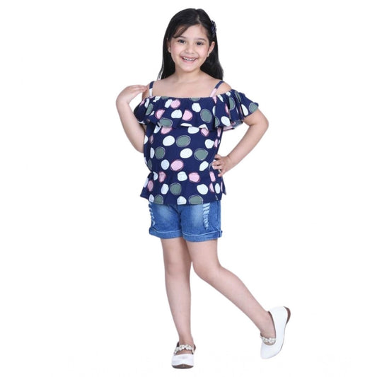 Delightful Girl's Rayon Solid Cold Shoulder Top with Shorts (Navy Blue)
