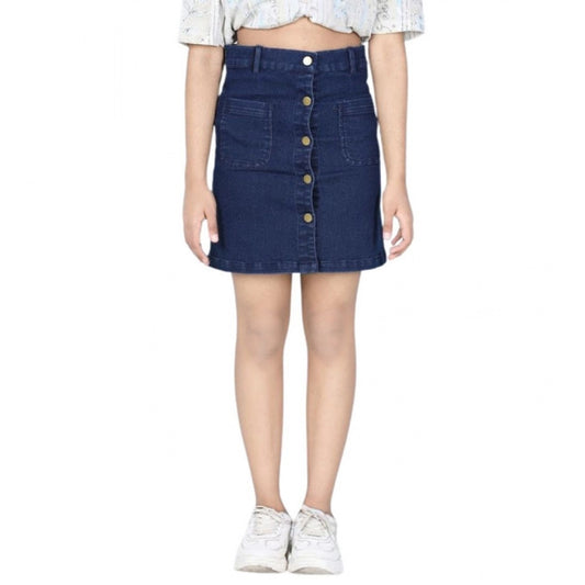 Girl's Denim Solid Buttoned Skirt (Navy Blue)