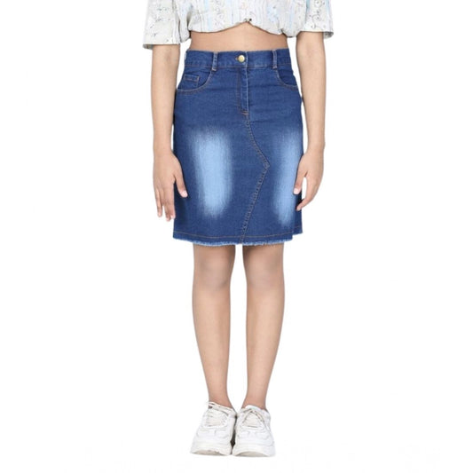 Girl's Denim Solid Buttoned Skirt (Blue)