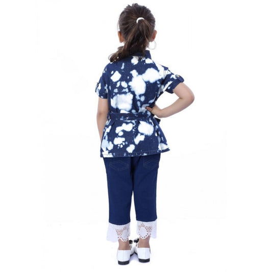Girl's Denim Tie & Dye Short Sleeve Top (Blue-White)