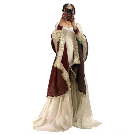 Generic Women's Silk Embroidered 3/4th Sleeve V-Neck Kurti With Sharara Pant and Dupatta Set (Cream & Brown)
