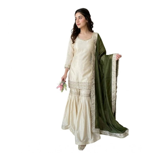 Generic Women's Silk Embroidered 3/4th Sleeve V-Neck Kurti With Sharara Pant and Dupatta Set (Cream & Green)