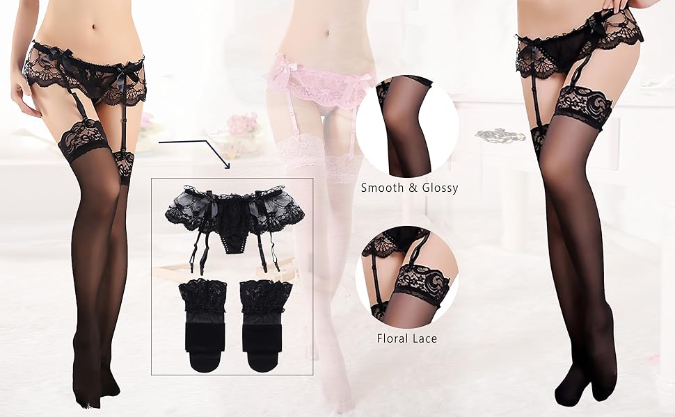 Women's Lace Garter Belt And Sheer Stockings Lingerie Set With Panty