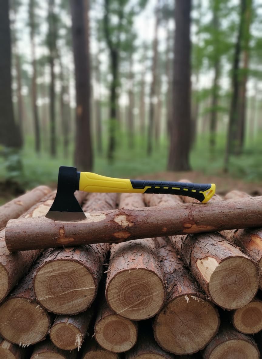 Axe with Fiberglass Handle, Yellow and Black, Non-Slip Grip, Outdoor Tool