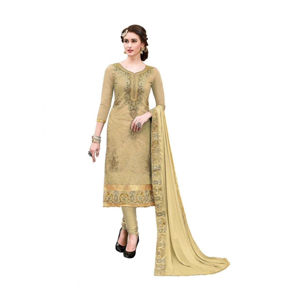 Generic Women's Chanderi Cotton Unstitched Salwar-Suit Material With Dupatta (Beige, 2.20 Mtr)