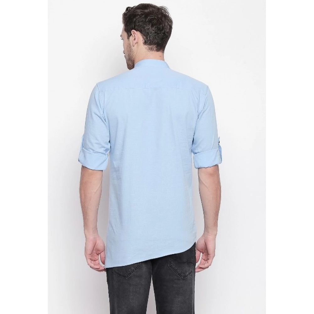 Generic Men's Cotton Casual Short Cross Kurta Shirt (Material: Cotton, (Color:Light Blue)