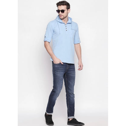 Generic Men's Cotton Casual Short Cross Kurta Shirt (Material: Cotton, (Color:Light Blue)