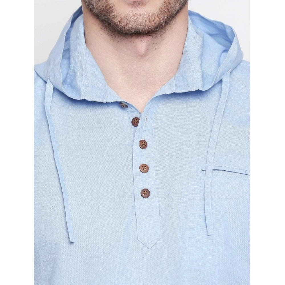Generic Men's Cotton Casual Short Cross Kurta Shirt (Material: Cotton, (Color:Light Blue)