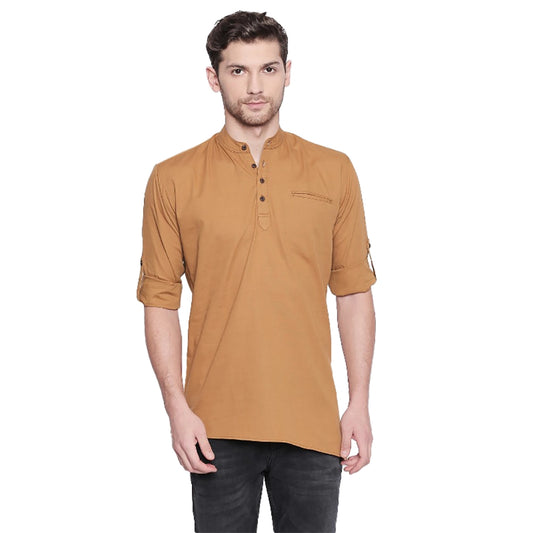 Modern Men's Cotton Casual Short Cross Kurta Shirt (Material: Cotton, (Color:Brown)