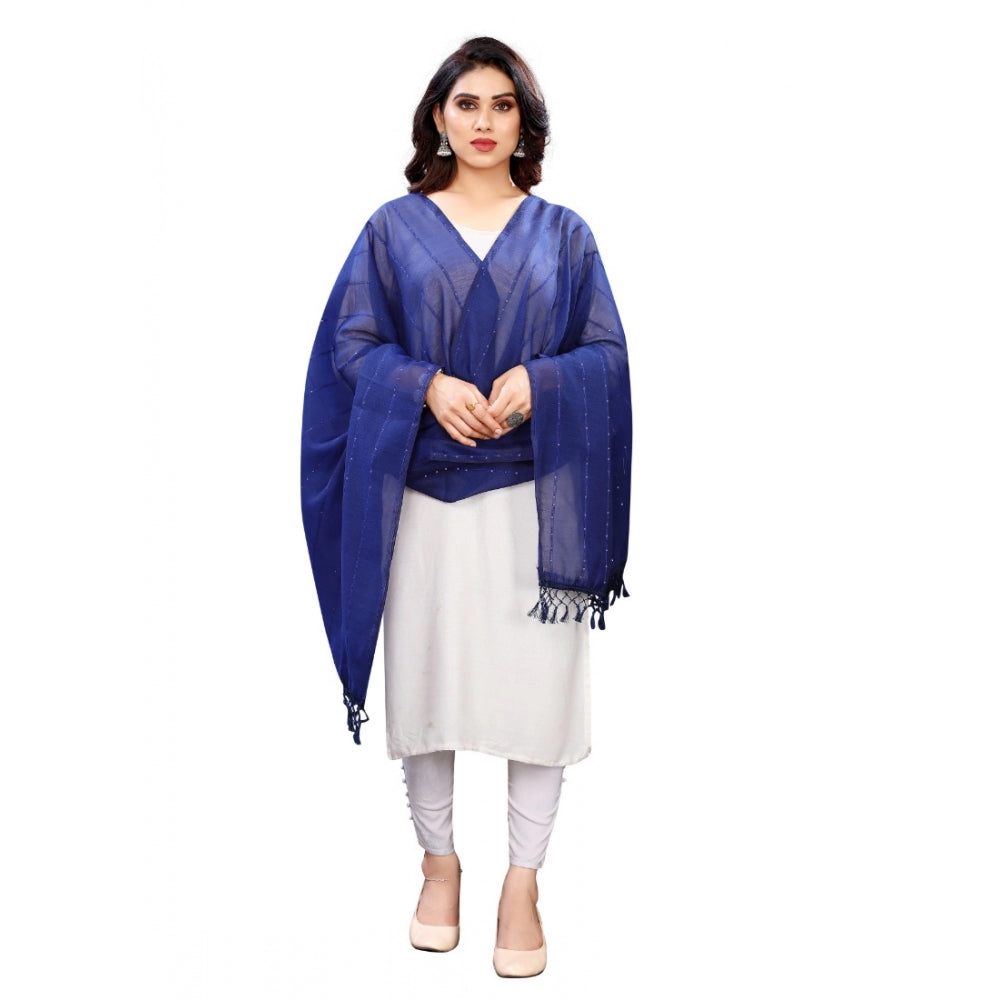 Generic Women's Cotton Silk Strips Printed Dupatta (Blue, Length:2-2.4 mtr)