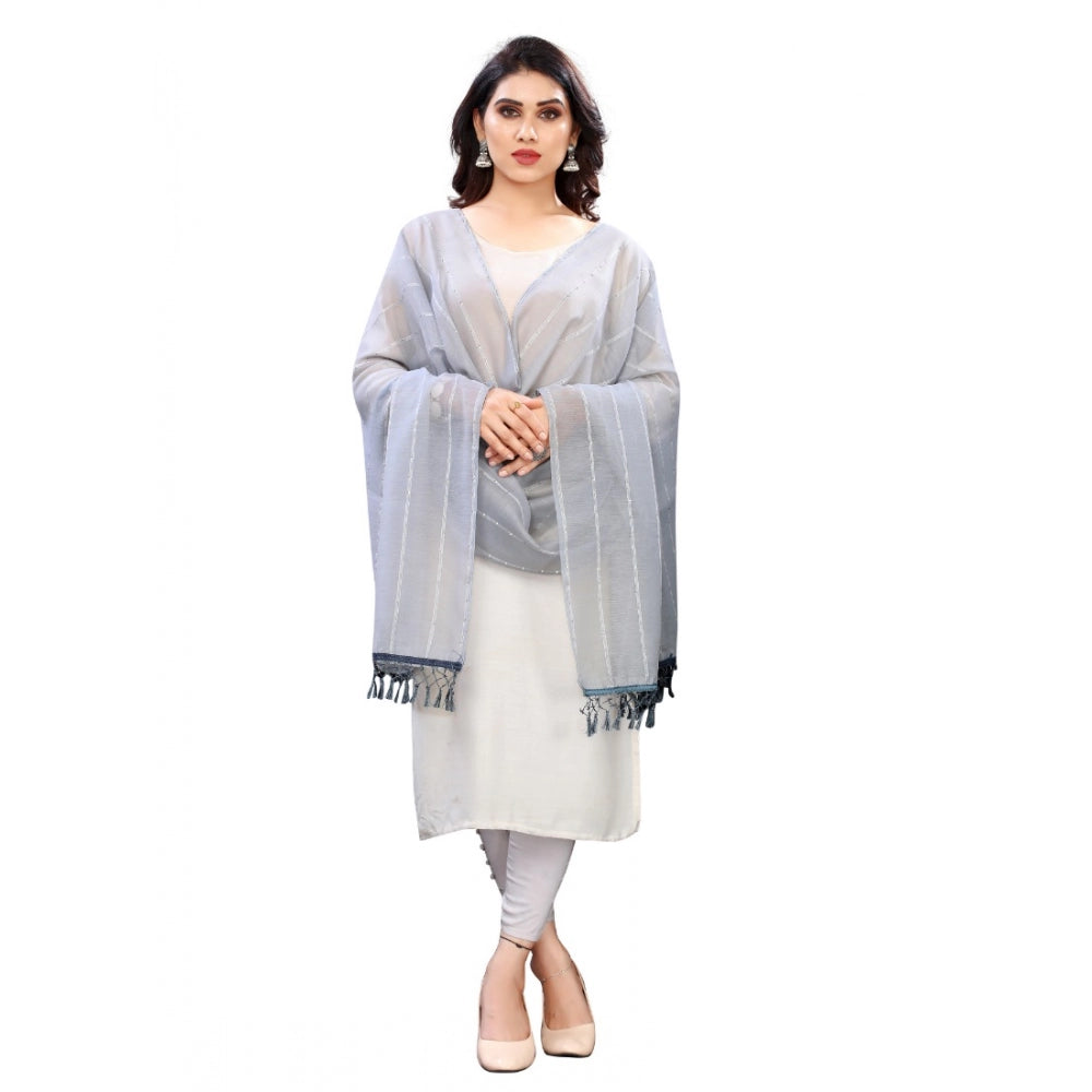 Generic Women's Cotton Silk Strips Printed Dupatta (Grey, Length:2-2.4 mtr)