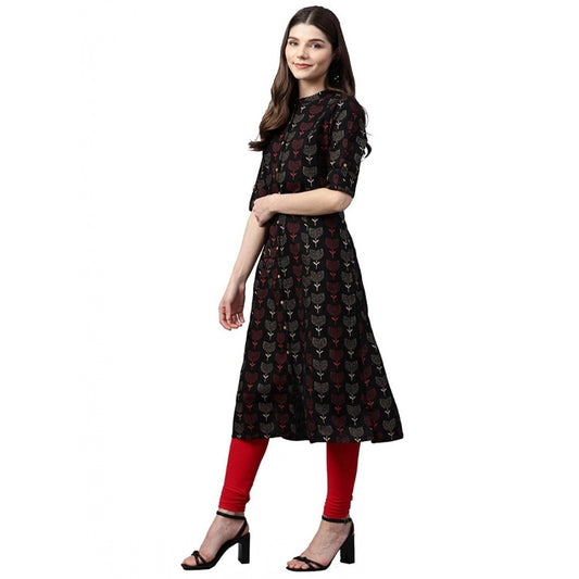 Graceful Women's Cotton Printed A Line Kurti (Black, Cotton)