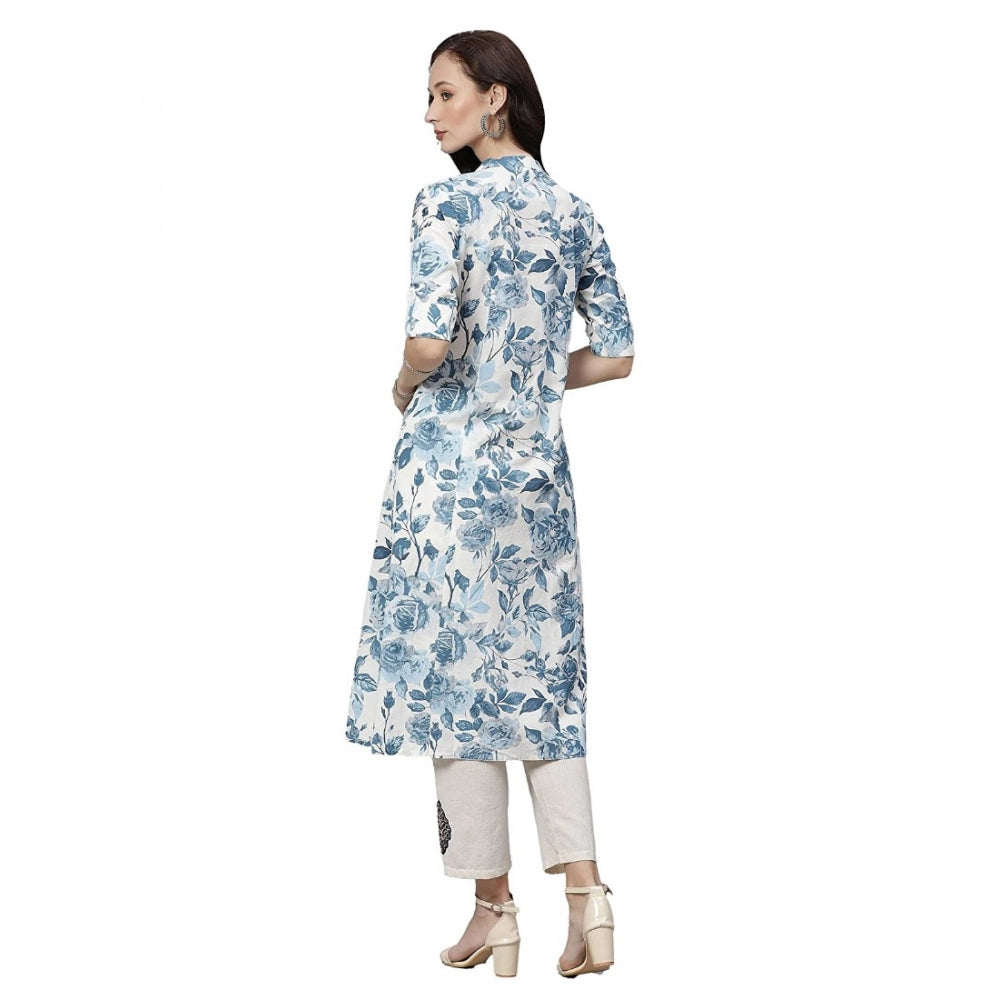 Elegant Women's Cotton Printed Floral Print Kurti (White, Blue, Cotton)