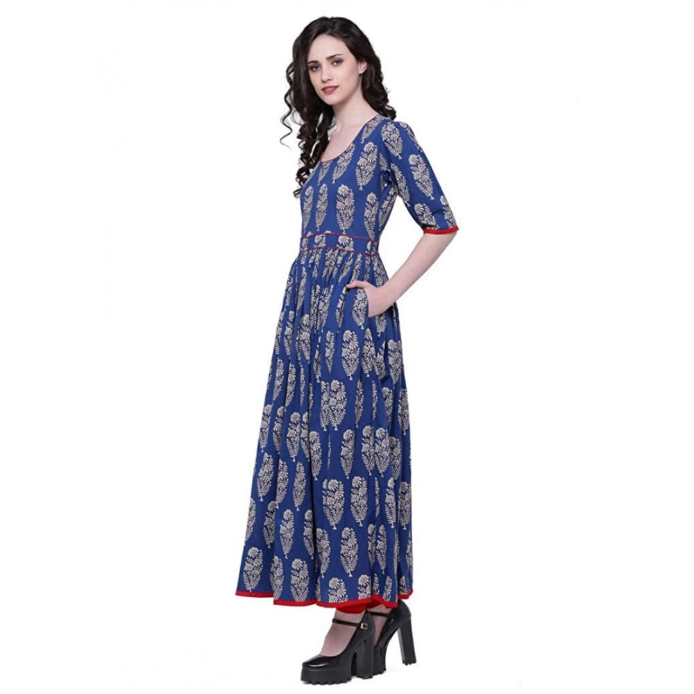 Luxurious Women's Cotton Printed Anarkali Kurti (Blue, Cotton)