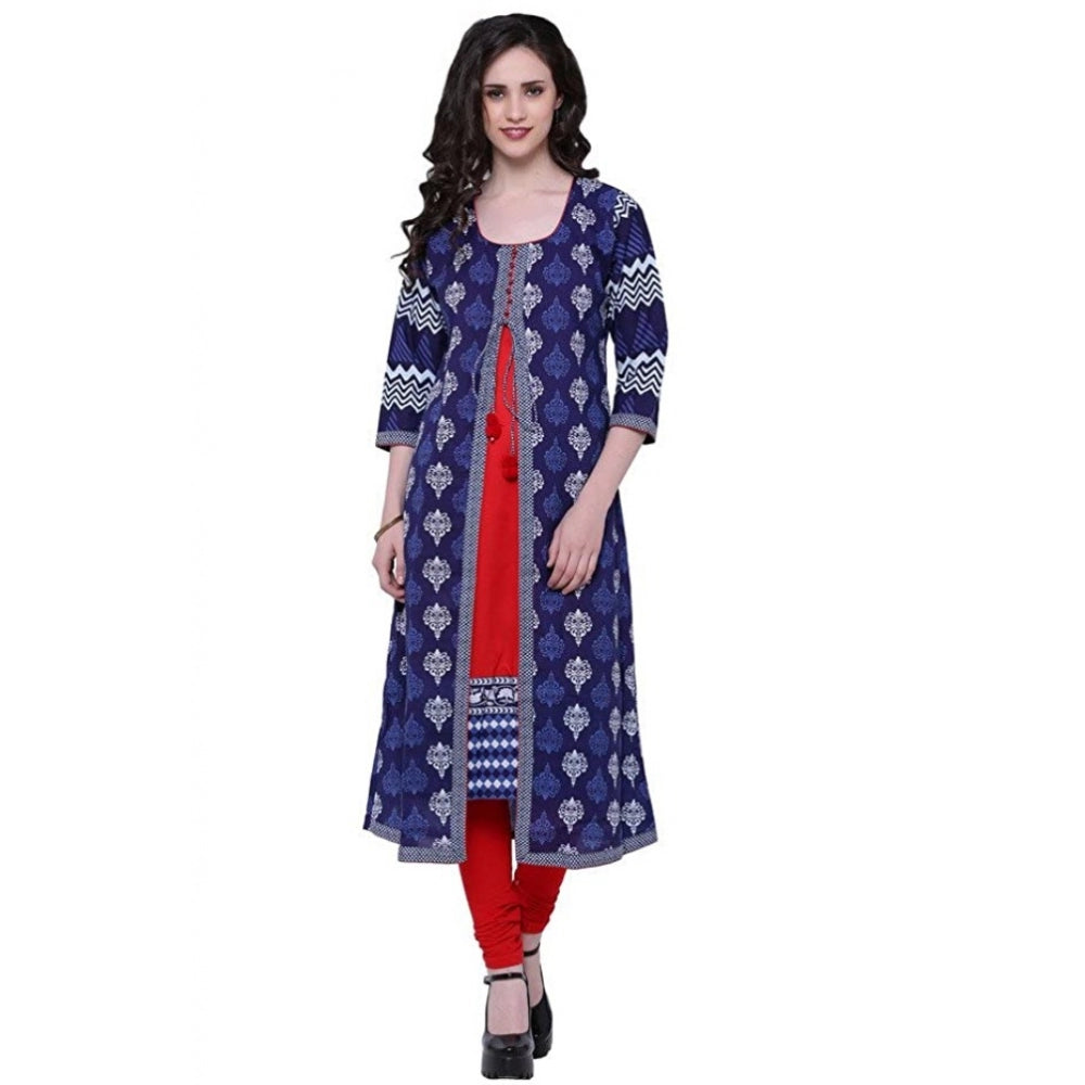 Classic Women's Cotton Printed Long Kurti (Blue, Red, Cotton)