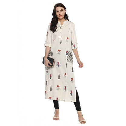 Versatile Women's Khadi Printed A Line Kurti (Off White, Khadi)