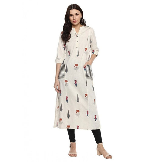 Versatile Women's Khadi Printed A Line Kurti (Off White, Khadi)