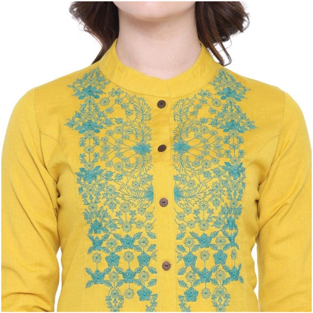 Graceful Women's Khadi Embroidered Kurti (Yellow, Khadi)