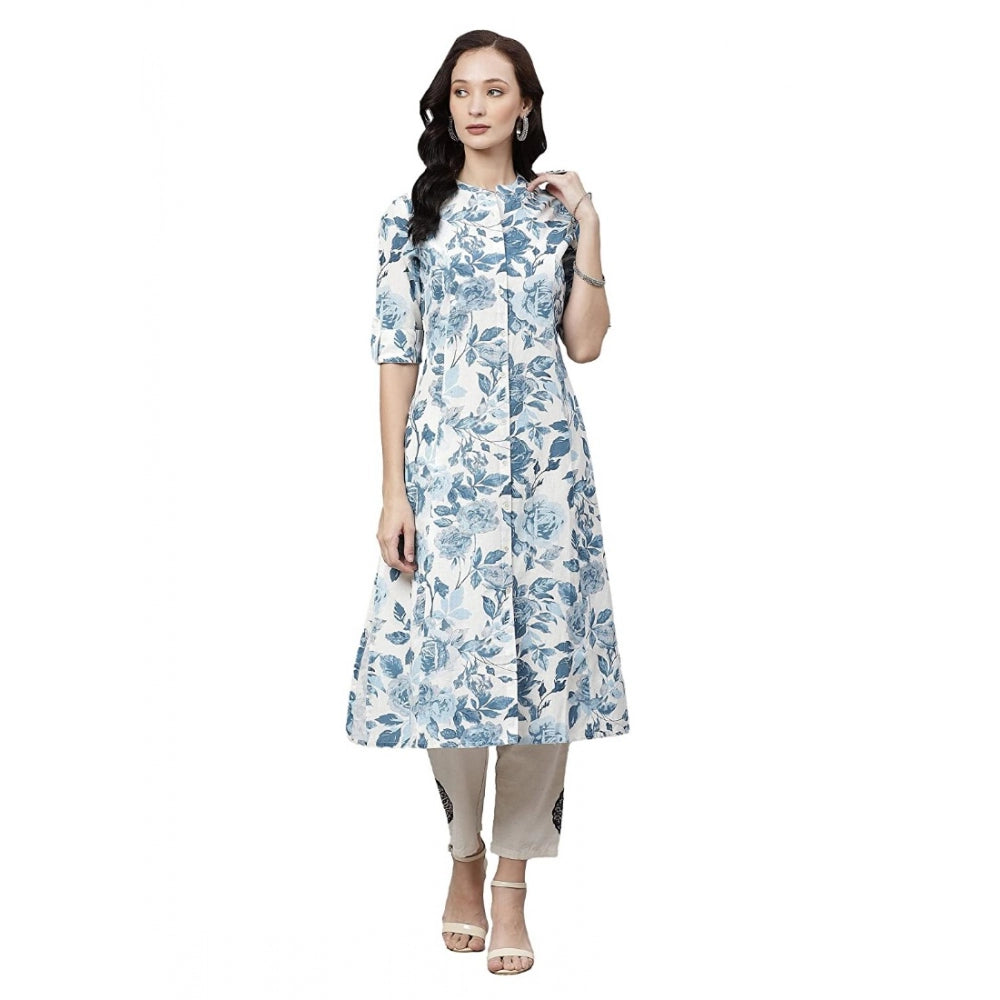 Elegant Women's Cotton Printed Floral Print Kurti (White, Blue, Cotton)