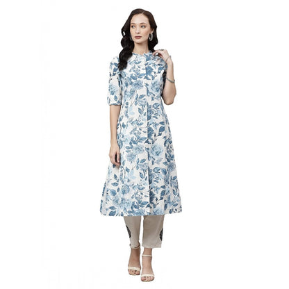 Elegant Women's Cotton Printed Floral Print Kurti (White, Blue, Cotton)